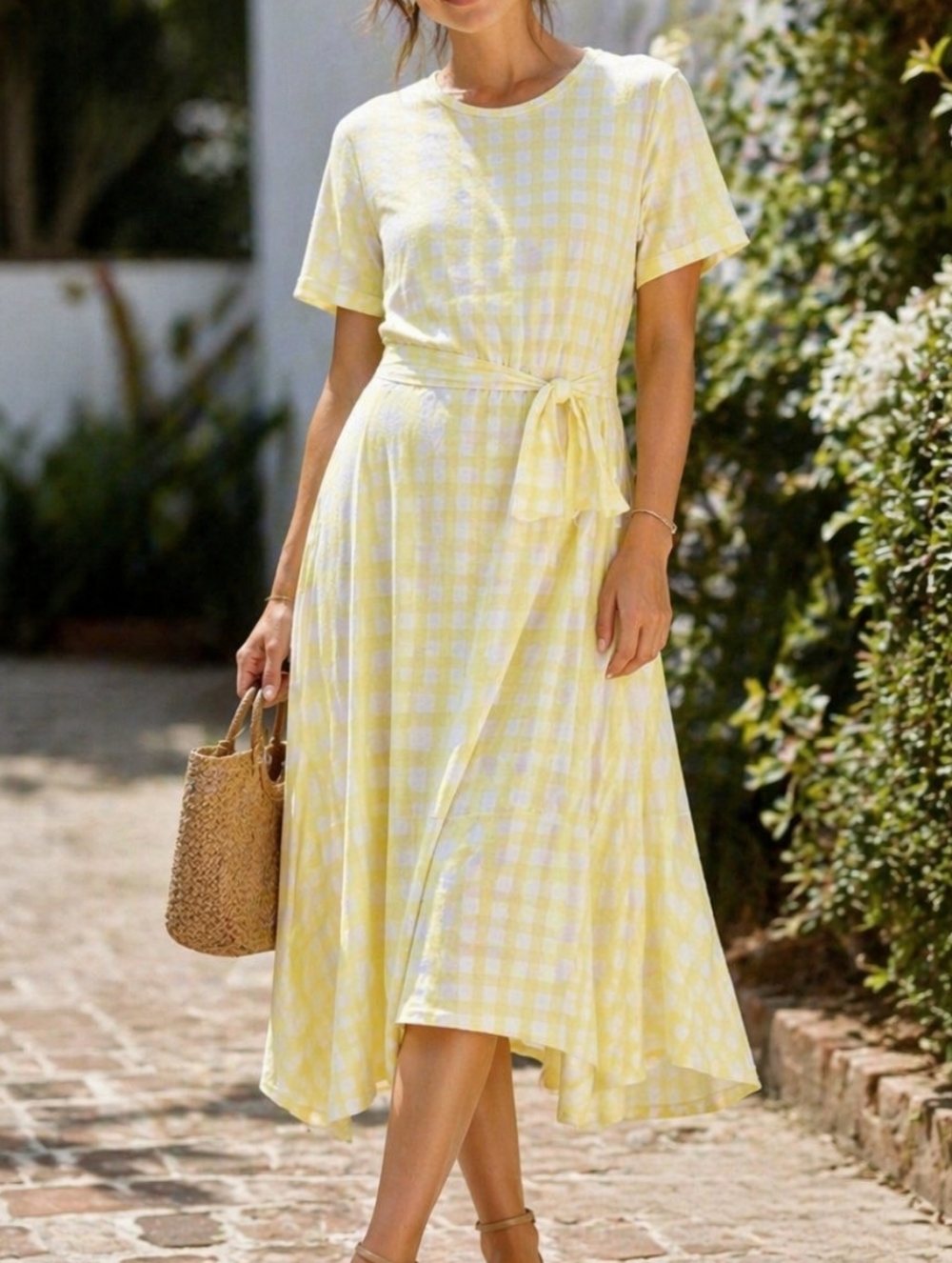 Animal Neon Yellow White Gingham Midi Dress 100% Cotton Tie Waist Cottagecore